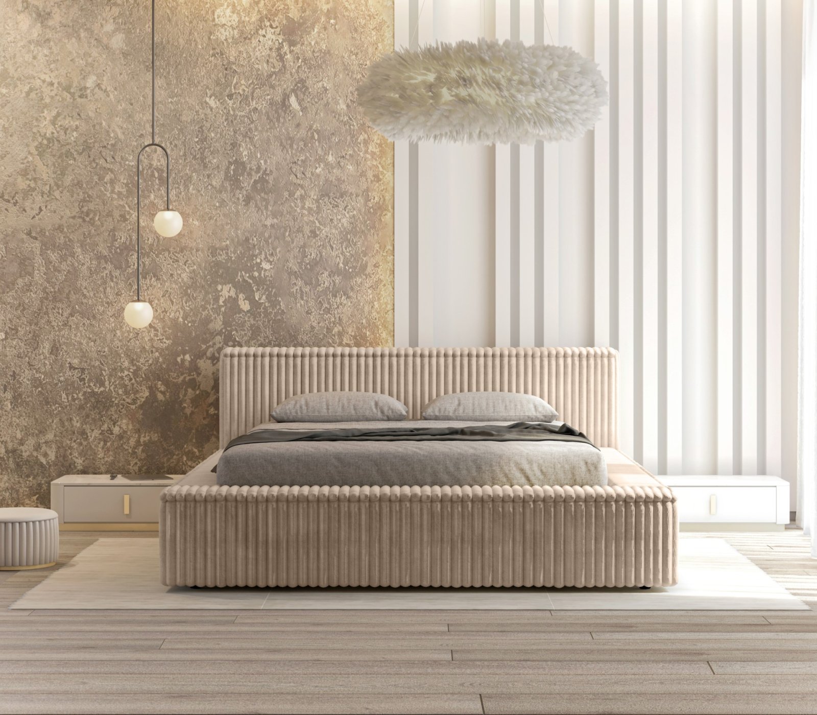 Polsterbett Lento Softcord mit Fellstruktur 180x200 mit Metallrahmen Vito 26