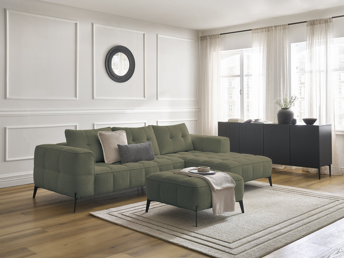 Bobochic Anis Ecksofa mit Pouf Bouclé-Stoff Grün Ecke rechts