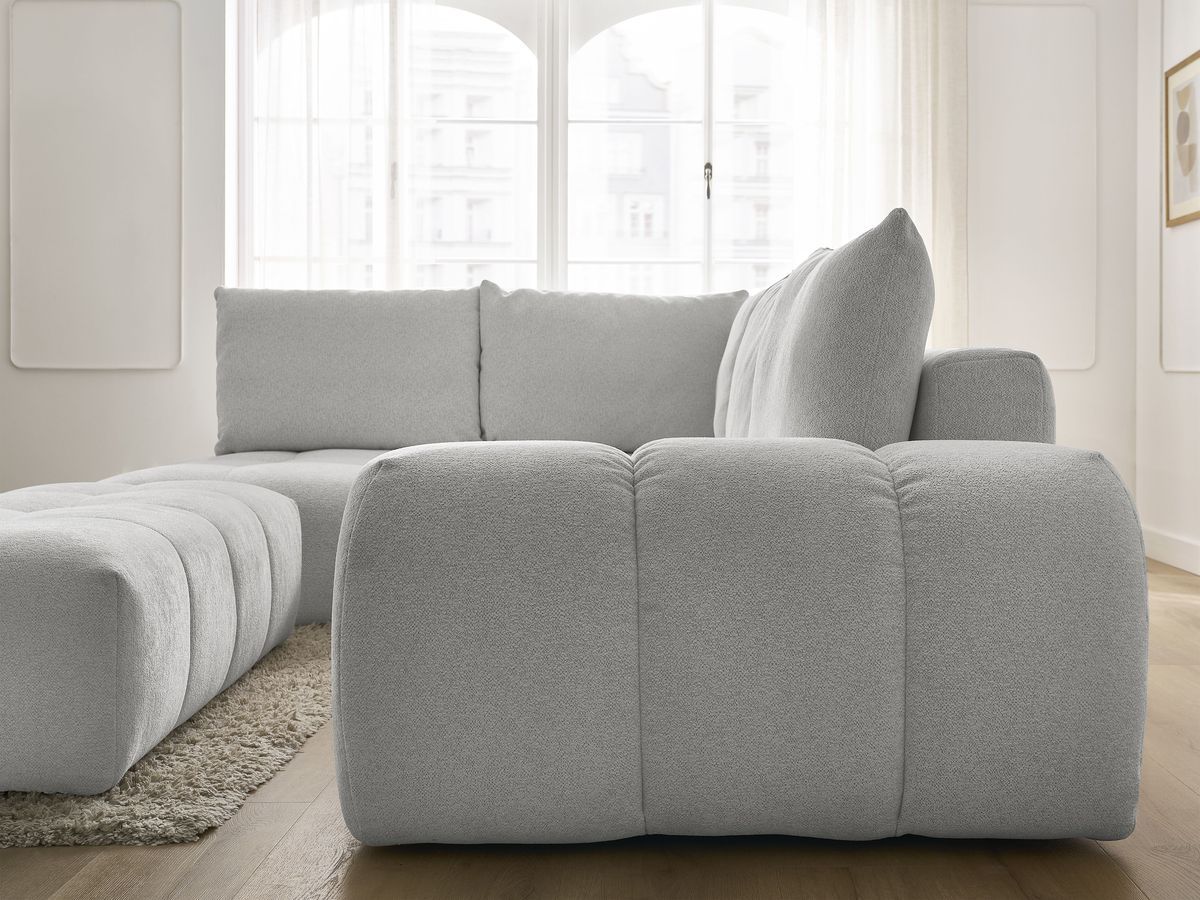 Bobochic Everest Ecksofa mit Schlaffunktion und Bettkasten und Pouf 320 × 212 cm, 5 Kissen Melange-Stoff Hellgrau Ecke links