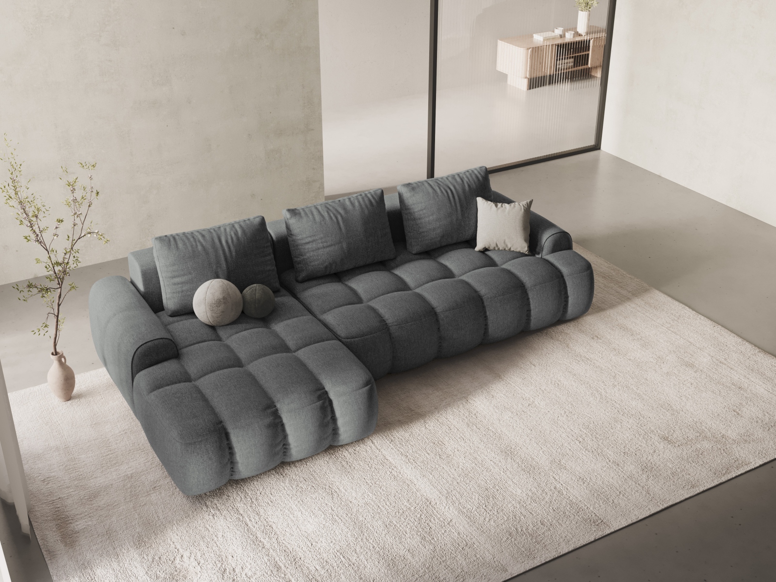 Cosmopolitan Design Ecksofa Linz 3-Sitzer mit Schlaffunktion Strukturierter Stoff Sorella Grau Links