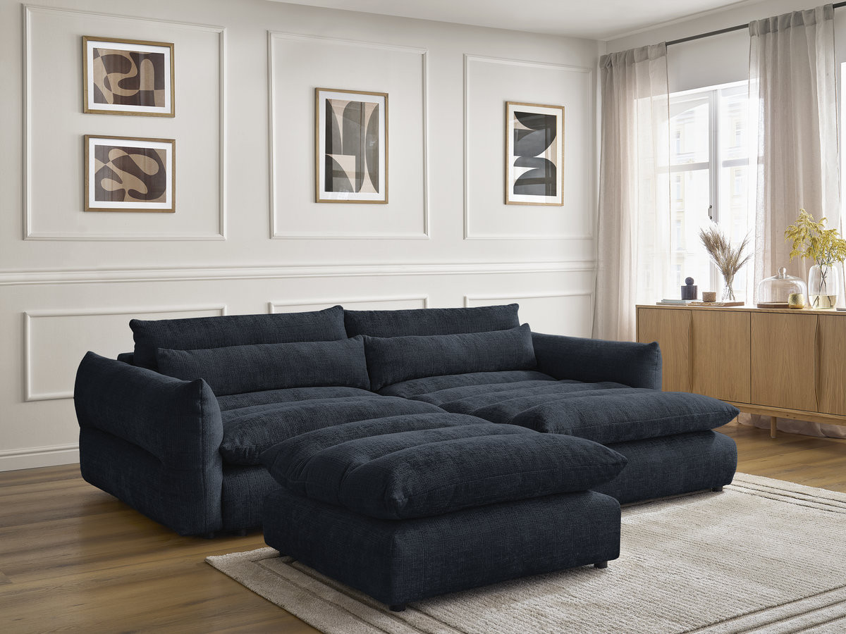 Bobochic Neil Ecksofa mit Pouf Strukturstoff Dunkelblau Ecke rechts