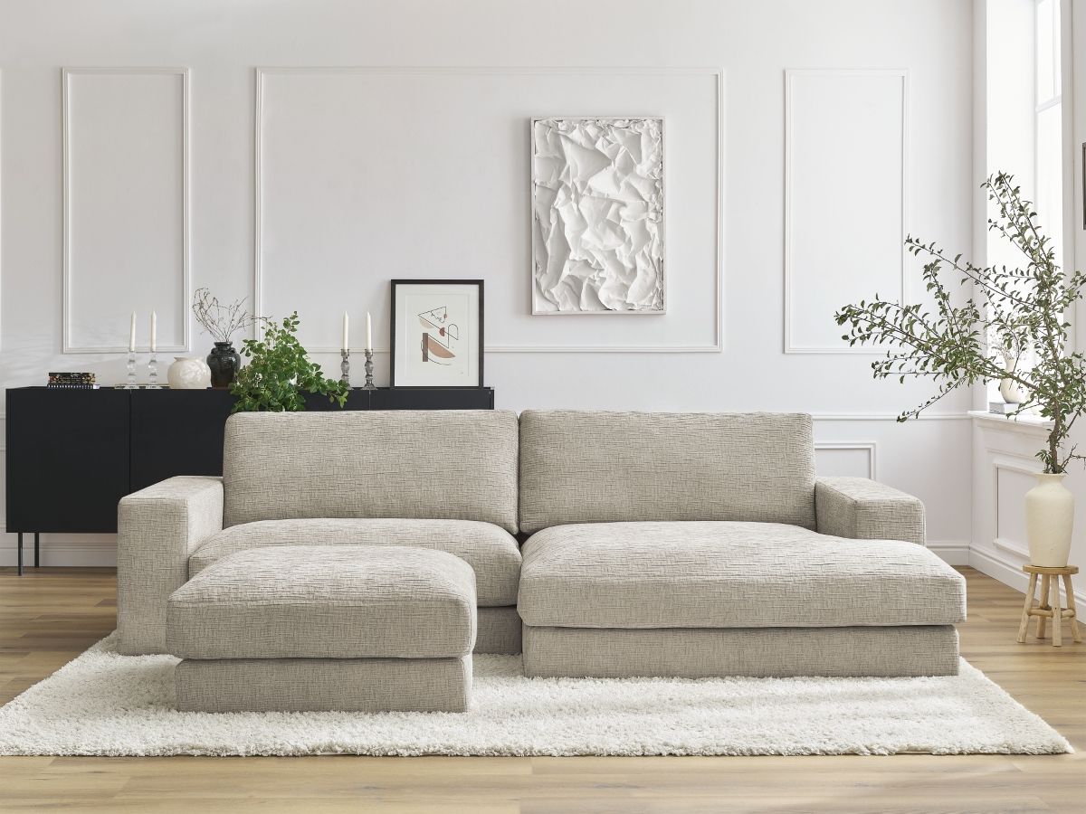 Bobochic Leonard Ecksofa mit Pouf 274 × 159 cm Strukturstoff Beige Ecke rechts