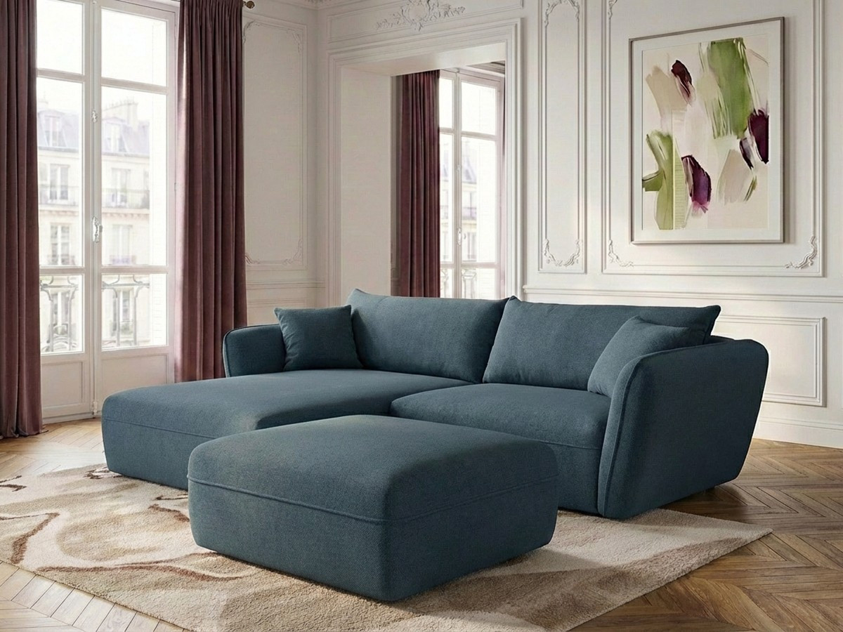 Bobochic Luigi Ecksofa mit Pouf Strukturstoff Blau Ecke links