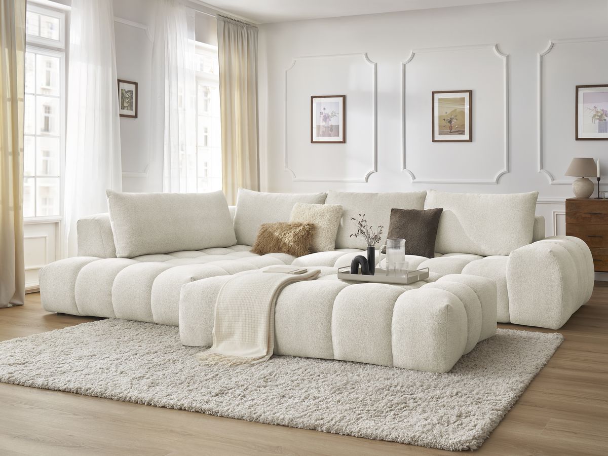 Bobochic Everest Ecksofa mit Schlaffunktion und Pouf, 4 Kissen Melange-Stoff Weiß Ecke links