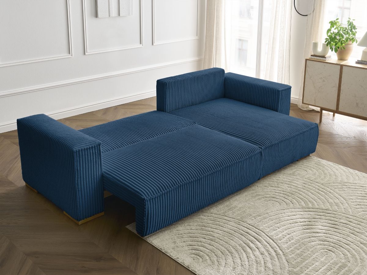 Bobochic Chelsea Ecksofa mit Schlaffunktion und Bettkasten Breitcord weich Dunkelblau