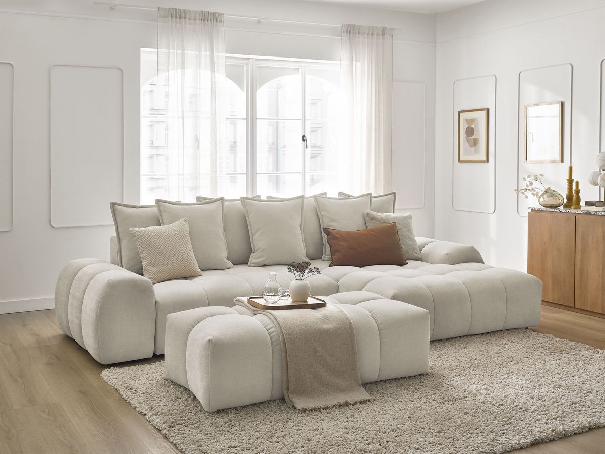 Bobochic Everest Ecksofa mit Schlaffunktion und Bettkasten und Pouf 318 × 180 cm, 7 Kissen Strukturstoff Beige Ecke rechts