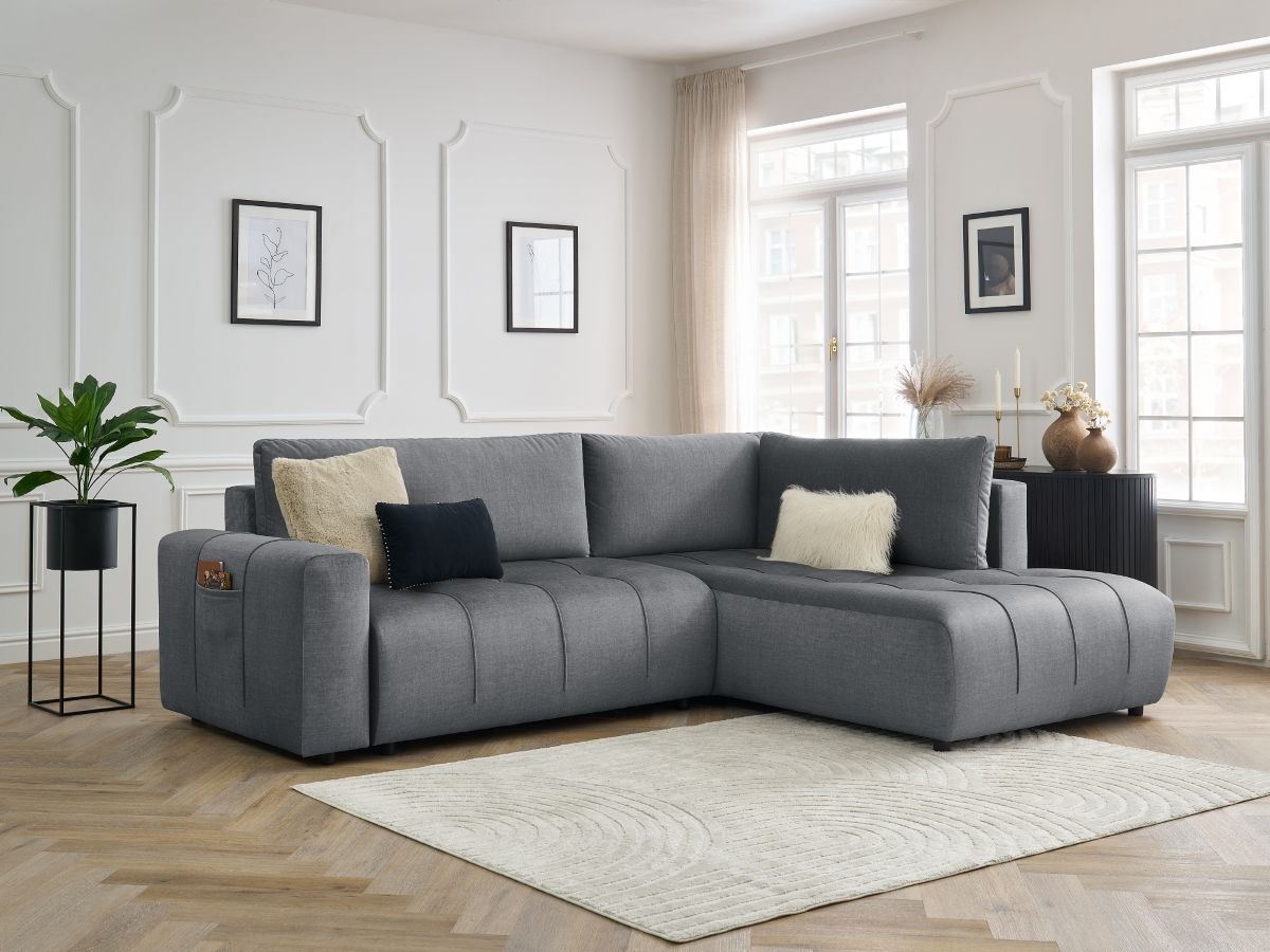 Bobochic Arsene Ecksofa mit Schlaffunktion und Bettkasten 277 × 200 cm Samt Dunkelgrau Ecke rechts