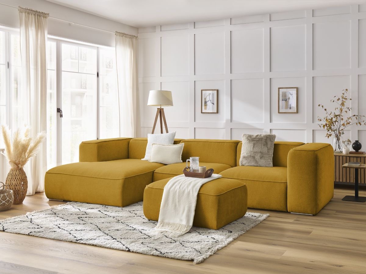 Bobochic Zephyr Ecksofa mit Pouf 349 × 165 cm Strukturstoff Gelb Ecke links
