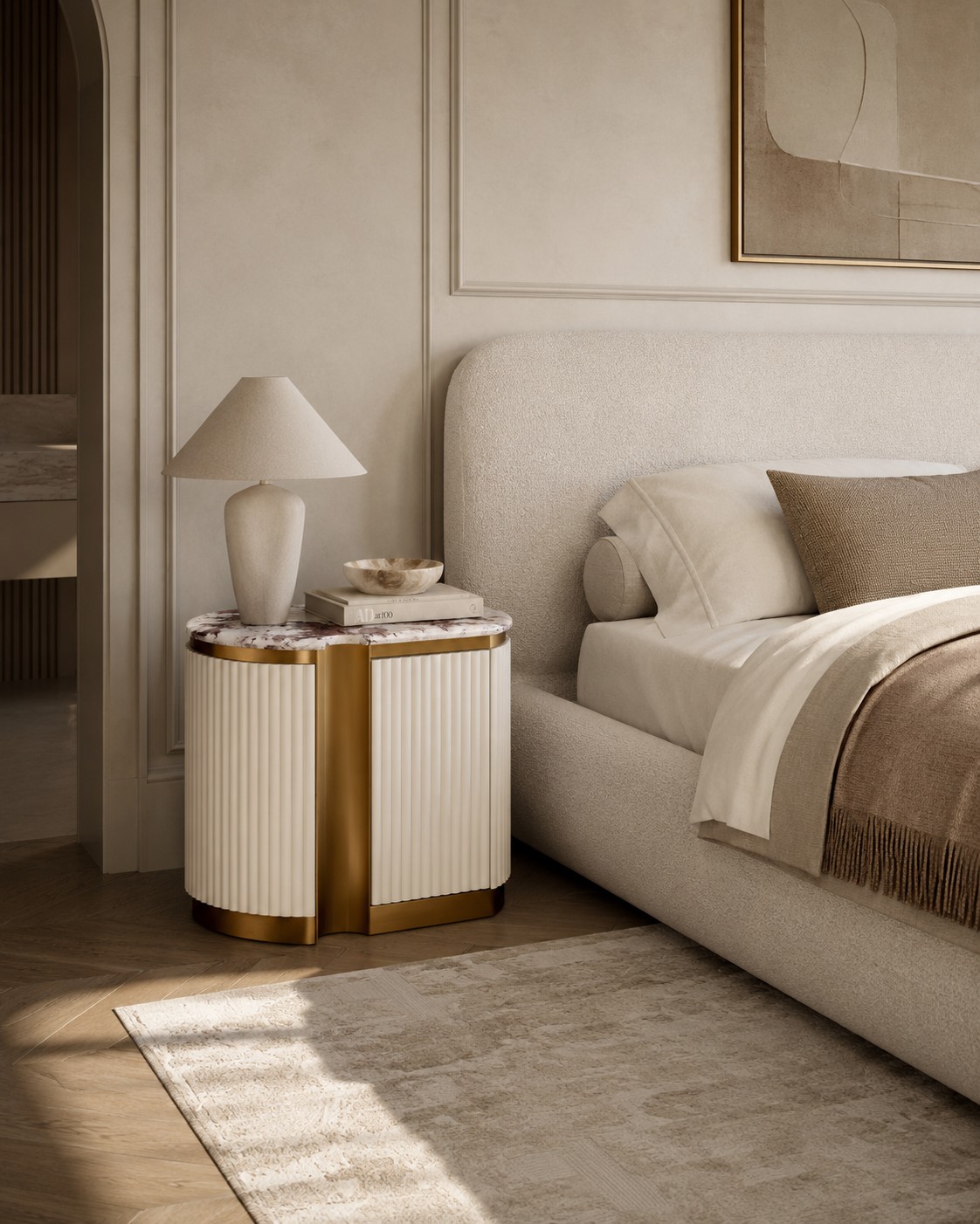 Livin Hill Nachttisch Stilig Bedroom 60 cm Ecru-Weiß, Platte Taupe/Kühles Dunkelbraun links