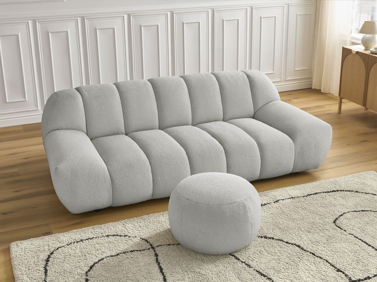 Bobochic Hayden Sofa 3-Sitzer mit Pouf 226 × 107 cm Bouclé-Stoff Hellgrau
