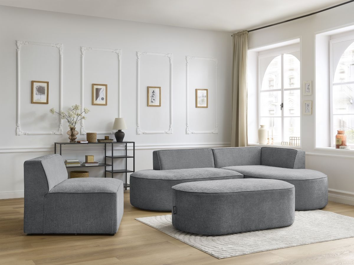 Bobochic Rousseau Ecksofa mit Sofamodul und Pouf Strukturstoff Dunkelgrau Ecke rechts