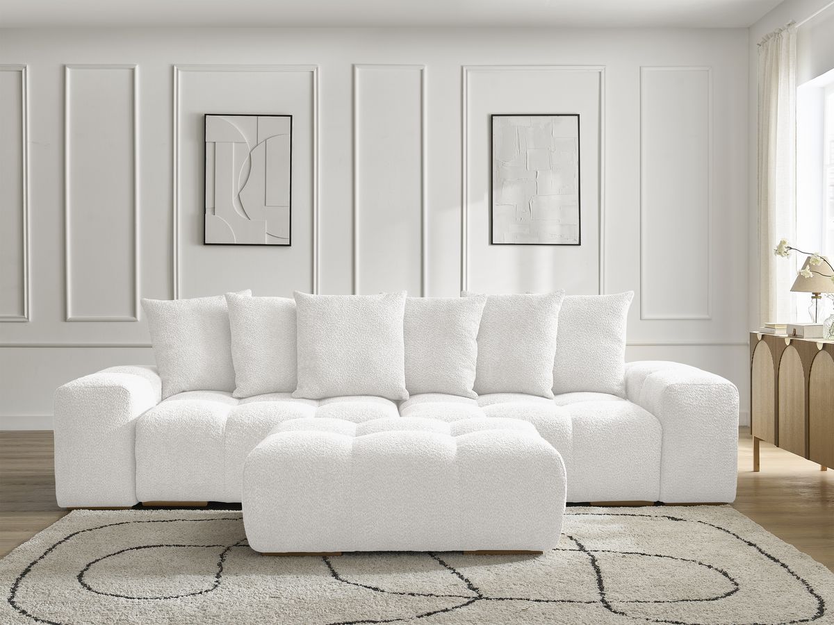 Bobochic Anakin Sofa 3-Sitzer mit Pouf, 6 Kissen Bouclé-Stoff Weiß