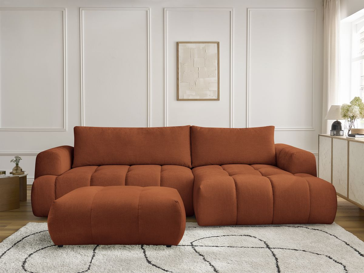 Bobochic Fuji Ecksofa mit Schlaffunktion und Bettkasten und Pouf 292 × 160 cm Stoff Orange Ecke rechts
