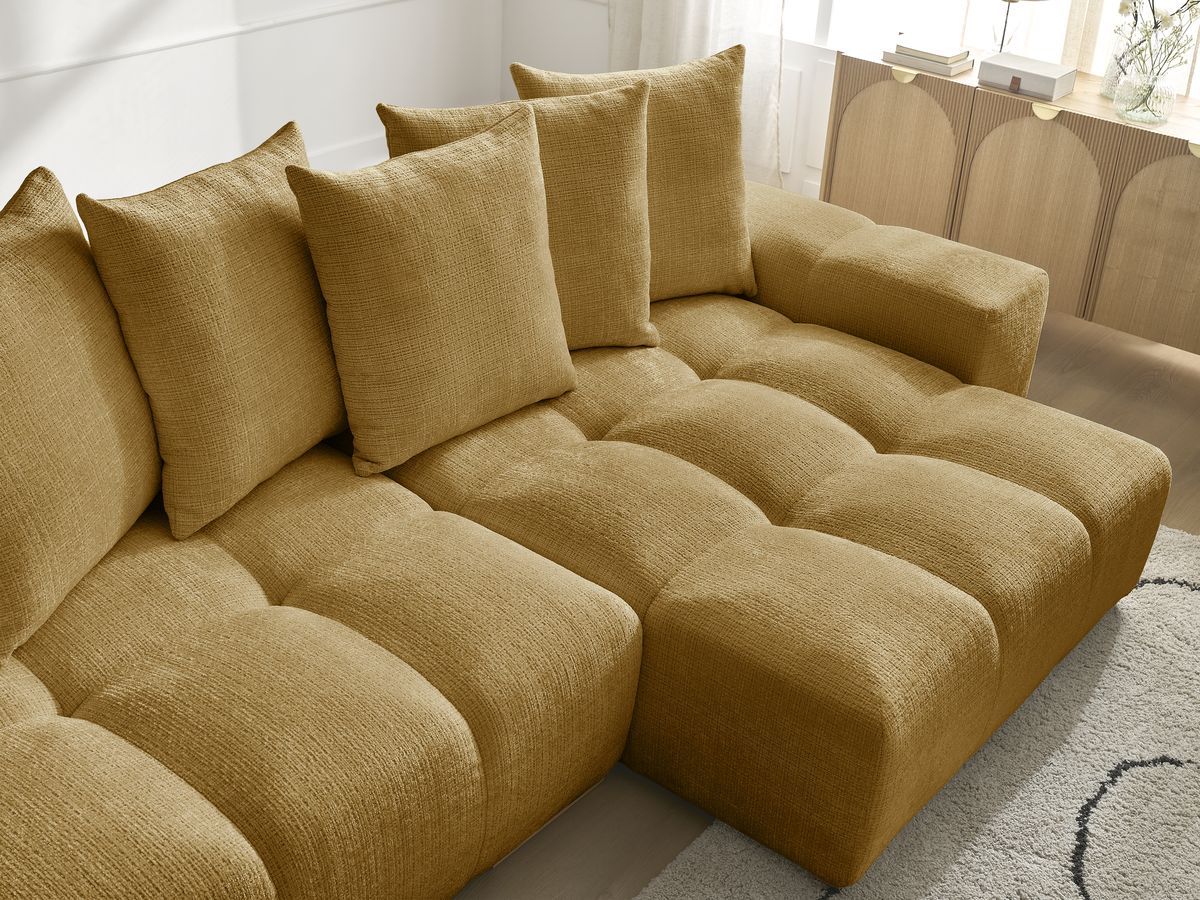 Bobochic Anakin Ecksofa mit Schlaffunktion und Bettkasten, 6 Kissen Strukturstoff Gelb