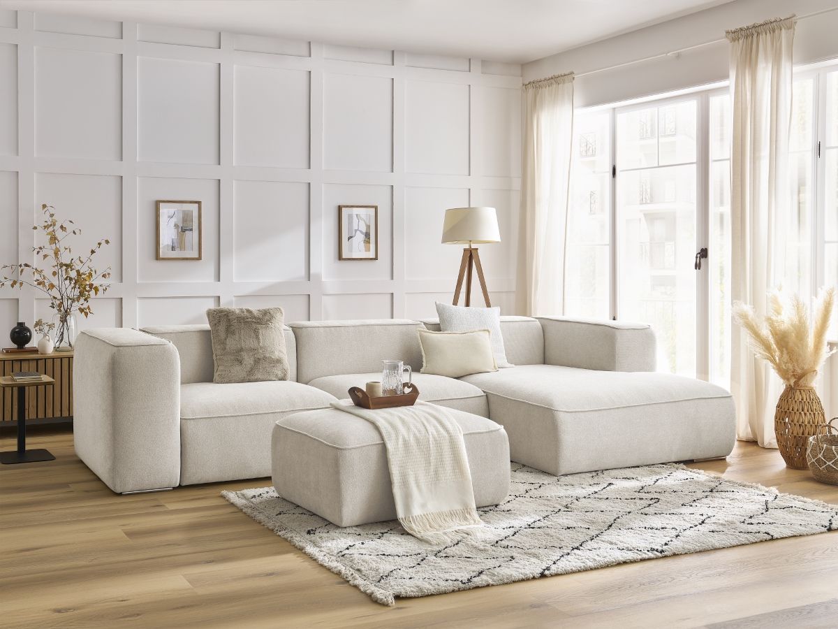 Bobochic Zephyr Ecksofa mit Pouf 349 × 165 cm Strukturstoff Weiß Ecke rechts