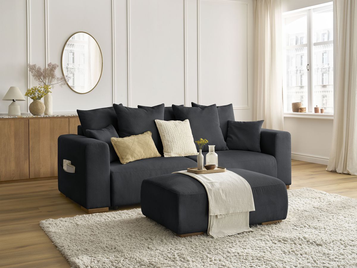 Bobochic Sidonie Schlafsofa 4-Sitzer mit Bettkasten und Pouf Cordsamt Schwarz