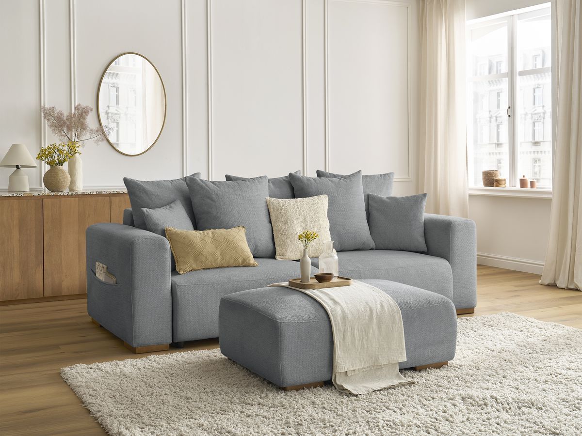 Bobochic Sidonie Schlafsofa 4-Sitzer mit Bettkasten und Pouf Melange-Stoff Dunkelgrau