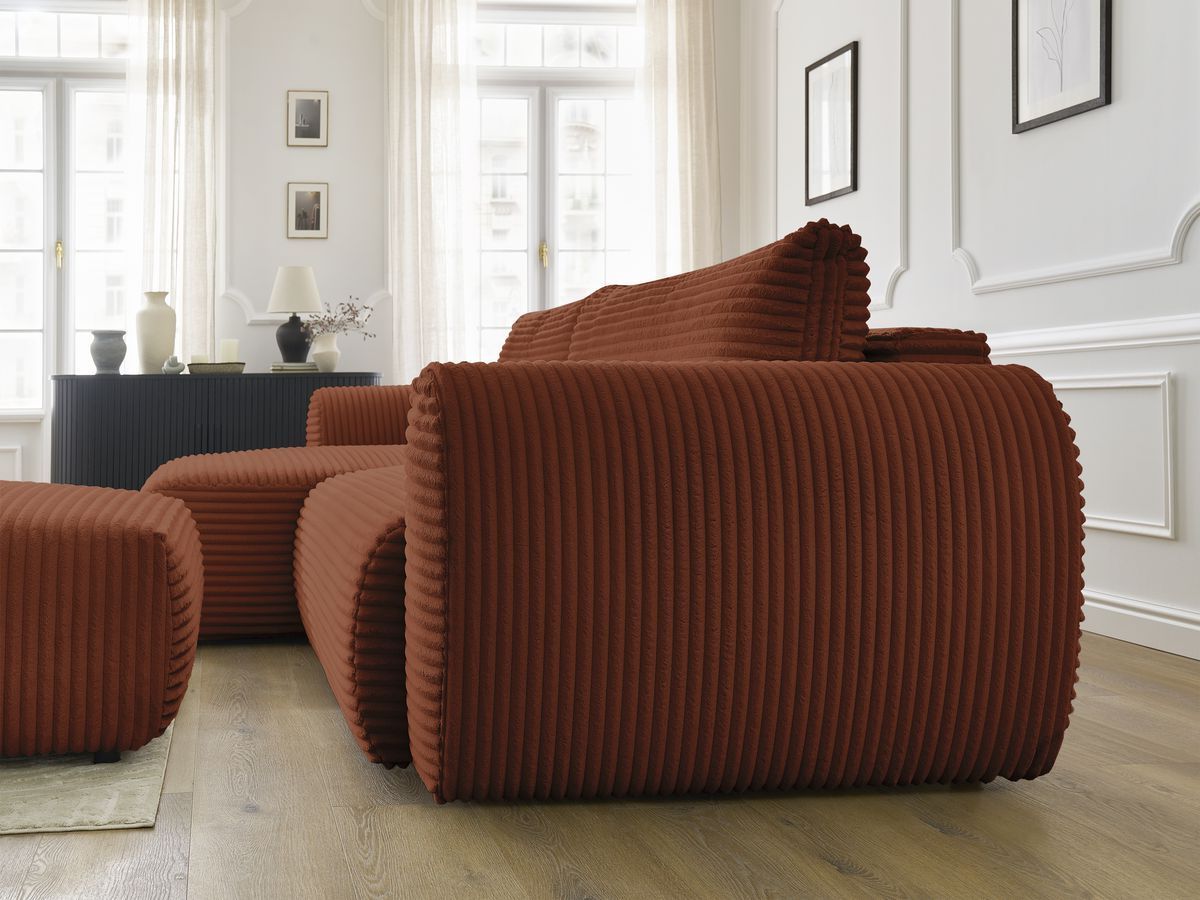 Bobochic Lucien Ecksofa mit Schlaffunktion und Bettkasten und Pouf 314 × 167 cm Breitcord weich Orange Ecke links