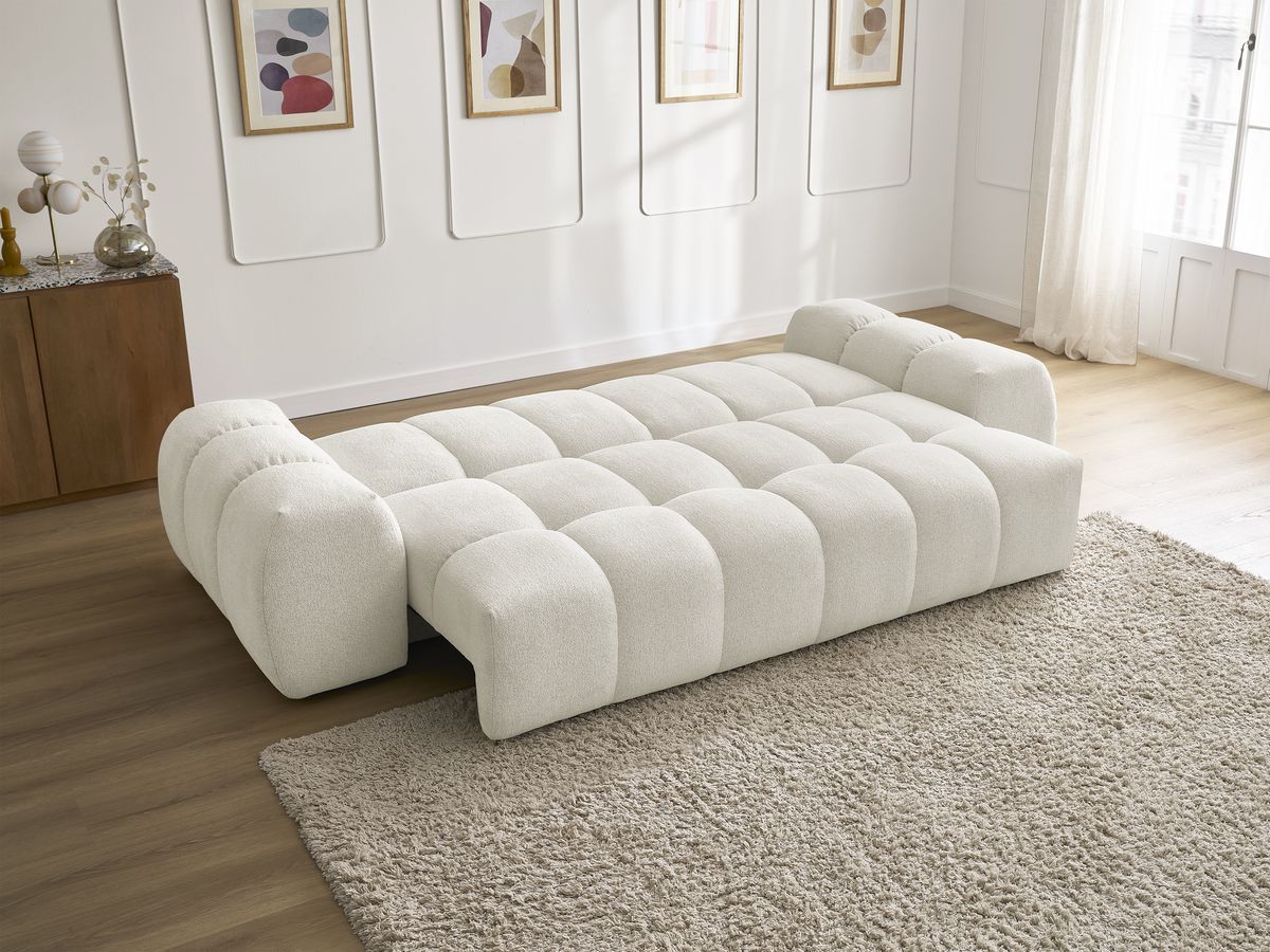 Bobochic Everest Schlafsofa 3-Sitzer mit Bettkasten, 5 Kissen Melange-Stoff Weiß