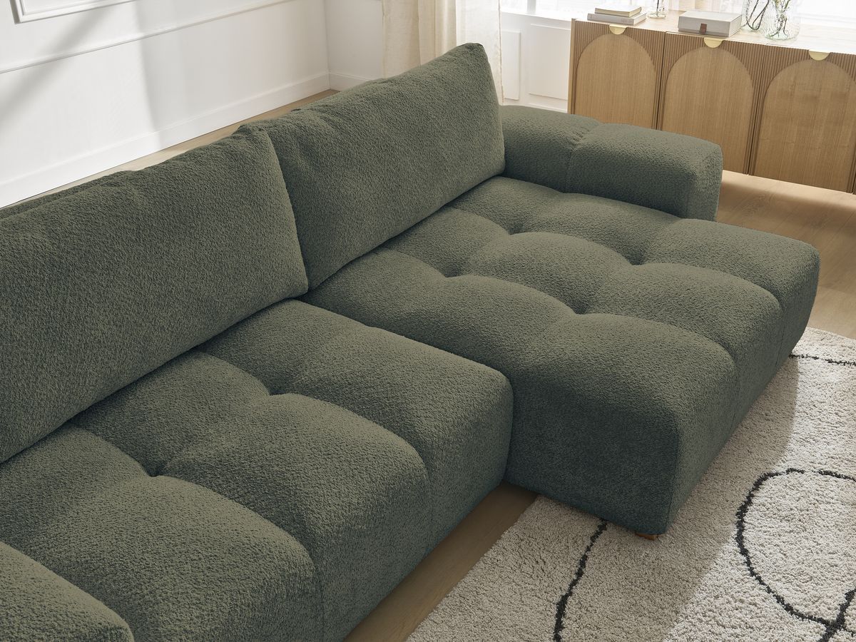 Bobochic Anakin Ecksofa mit Schlaffunktion und Bettkasten, 2 Kissen Bouclé-Stoff Grün