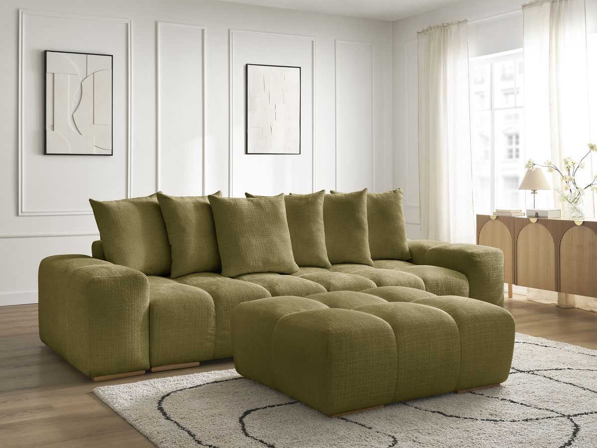Bobochic Anakin Schlafsofa 3-Sitzer mit Bettkasten und Pouf, 6 Kissen Strukturstoff Grün