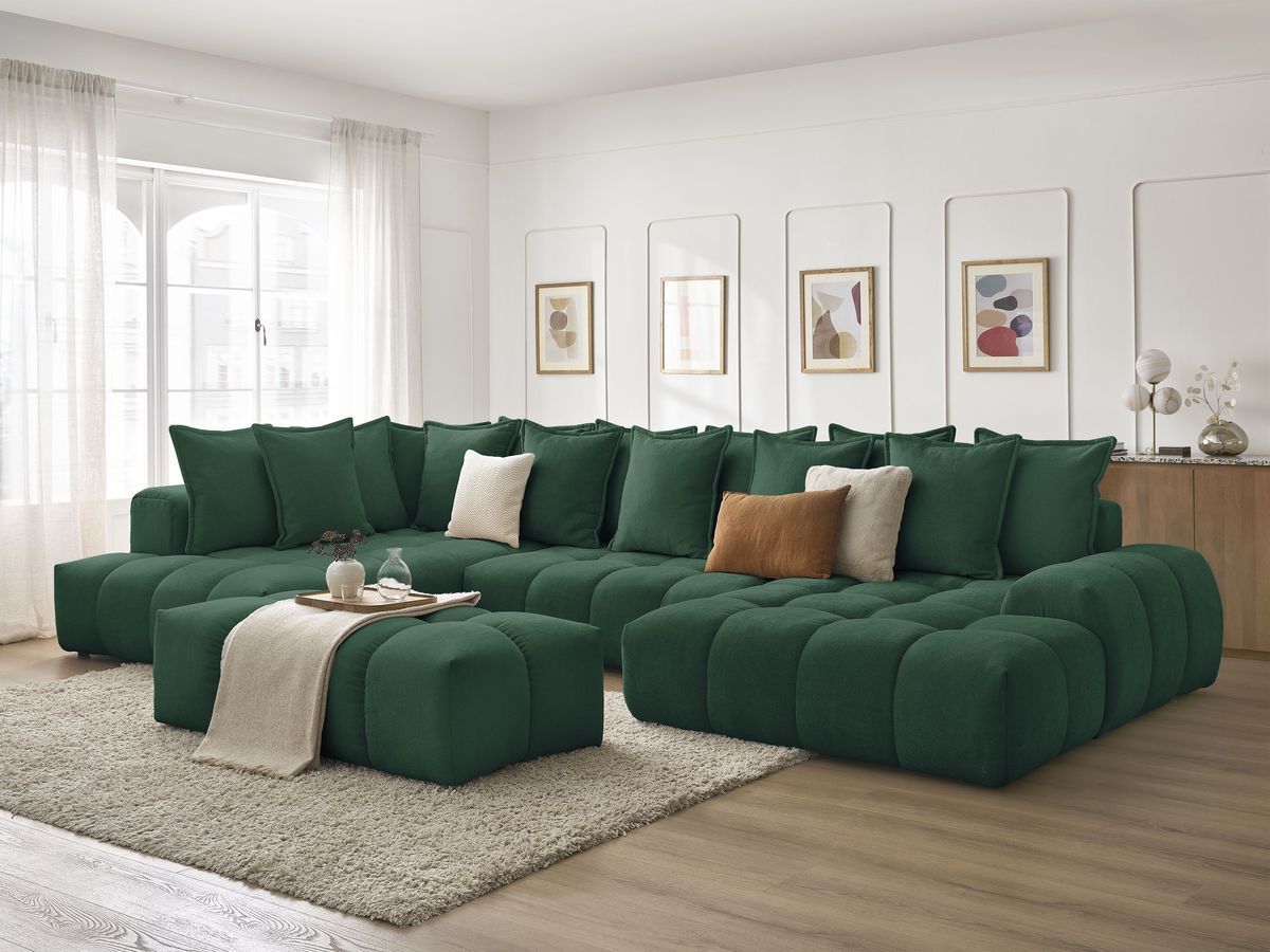 Bobochic Everest Wohnlandschaft mit Pouf, 14 Kissen Strukturstoff Grün Ecke rechts