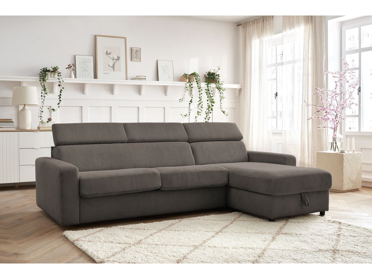 Bobochic Monaco Ecksofa mit Schlaffunktion und Bettkasten Cordsamt Taupe, Liegefläche 140 × 190 cm