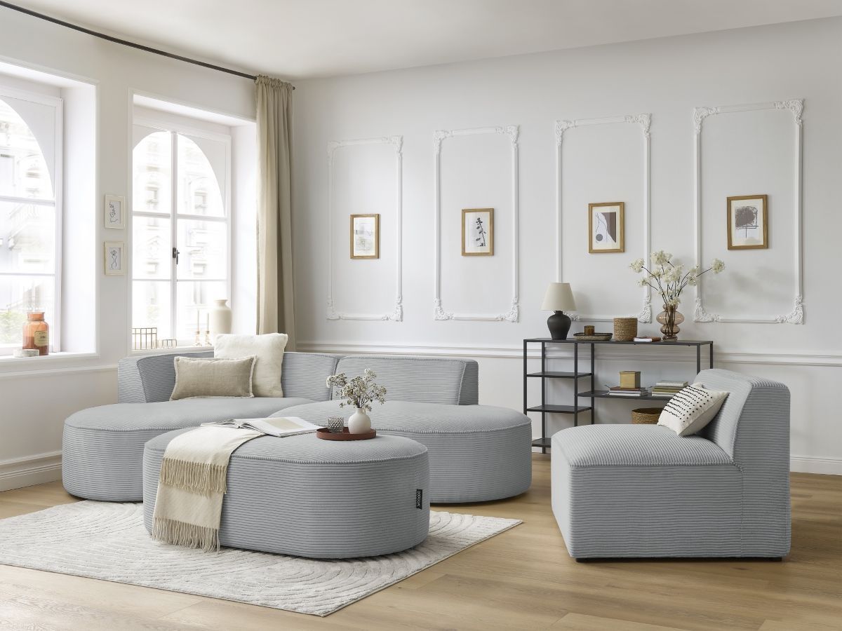 Bobochic Rousseau Ecksofa mit Sofamodul und Pouf Cordsamt Hellgrau Ecke links