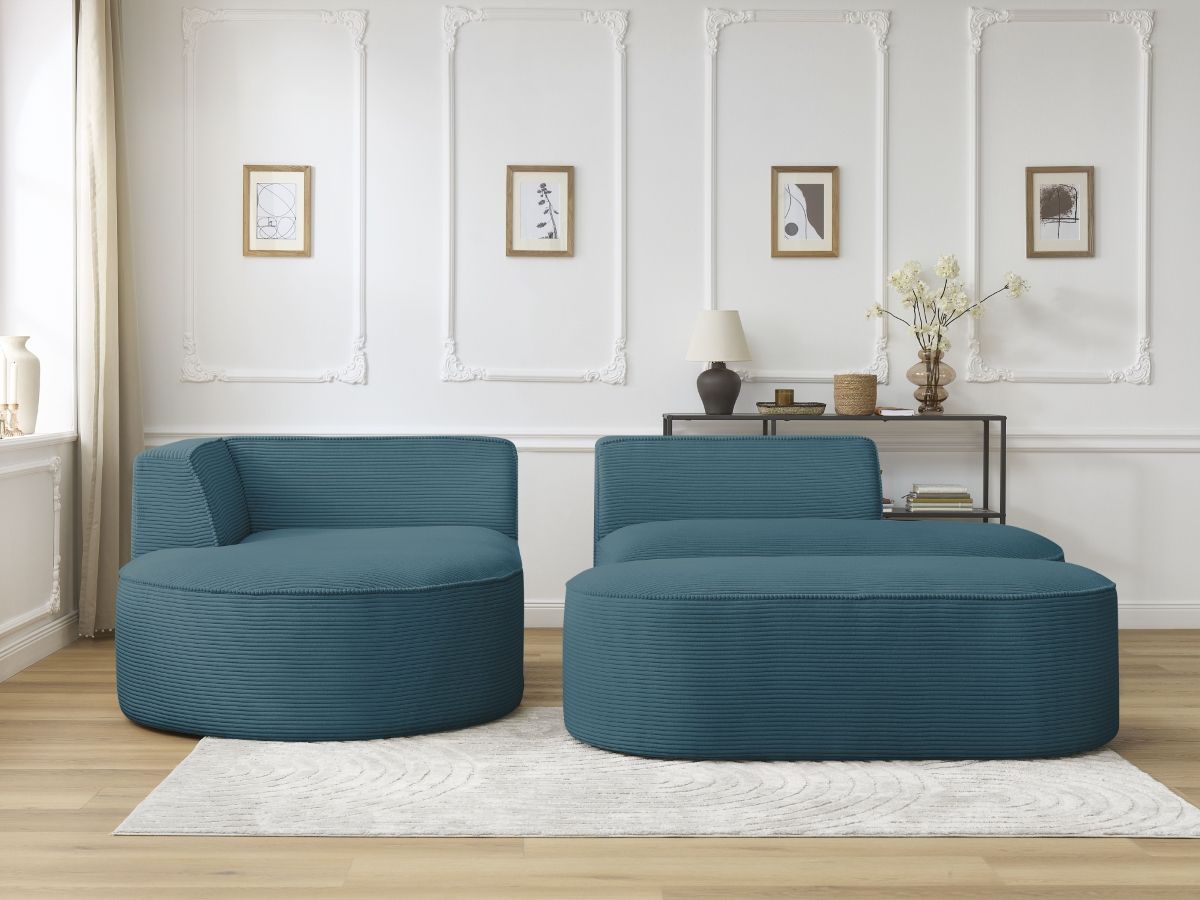 Bobochic Rousseau Ecksofa mit Pouf Cordsamt Dunkelblau Ecke links