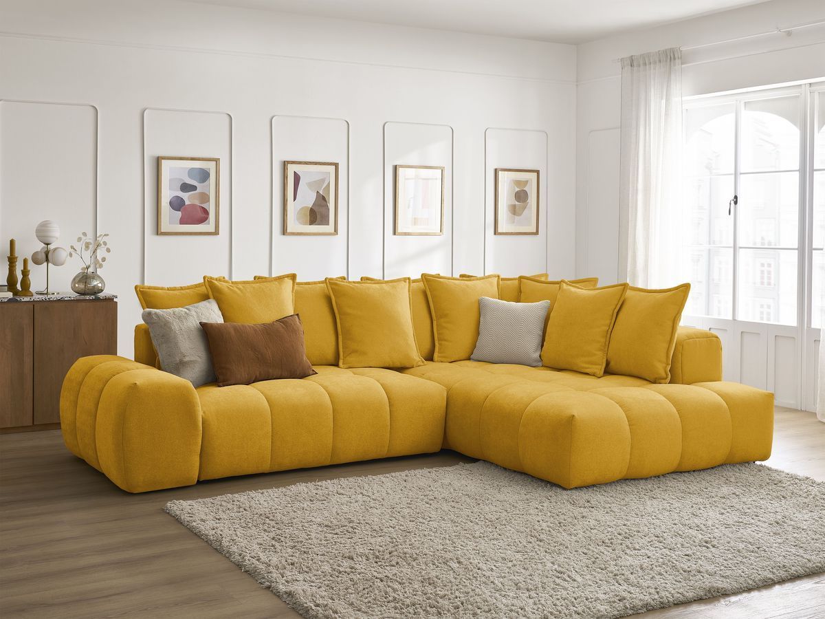Bobochic Everest Ecksofa mit Schlaffunktion und Bettkasten 320 × 212 cm, 10 Kissen Strukturstoff Gelb Ecke rechts