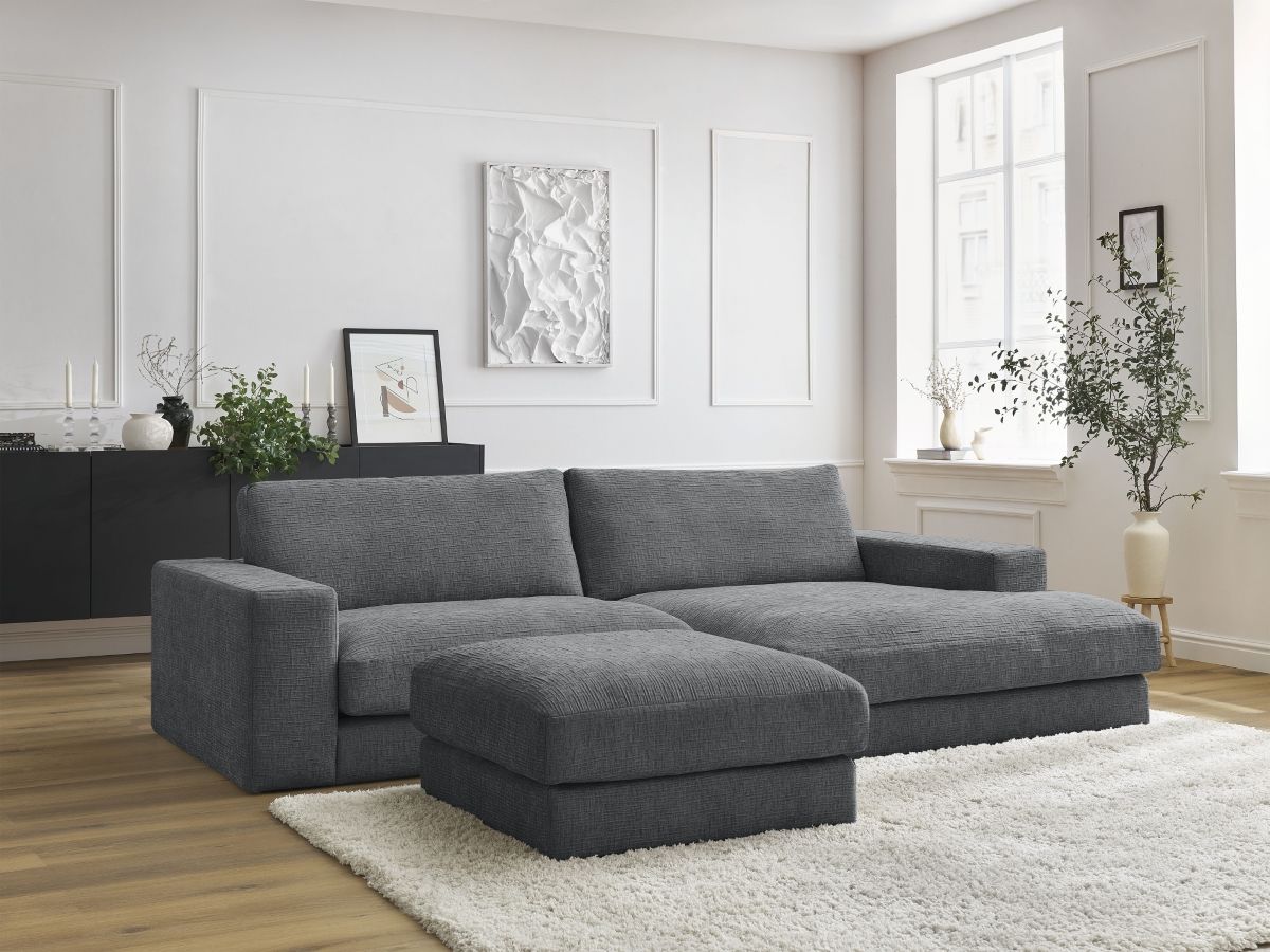 Bobochic Leonard Ecksofa mit Pouf 274 × 159 cm Strukturstoff Dunkelgrau Ecke rechts