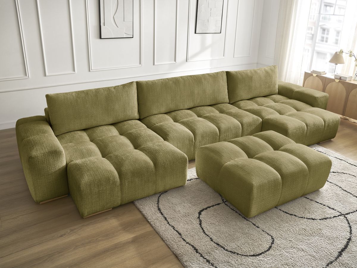 Bobochic Anakin Wohnlandschaft mit Pouf, 3 Kissen Strukturstoff Grün