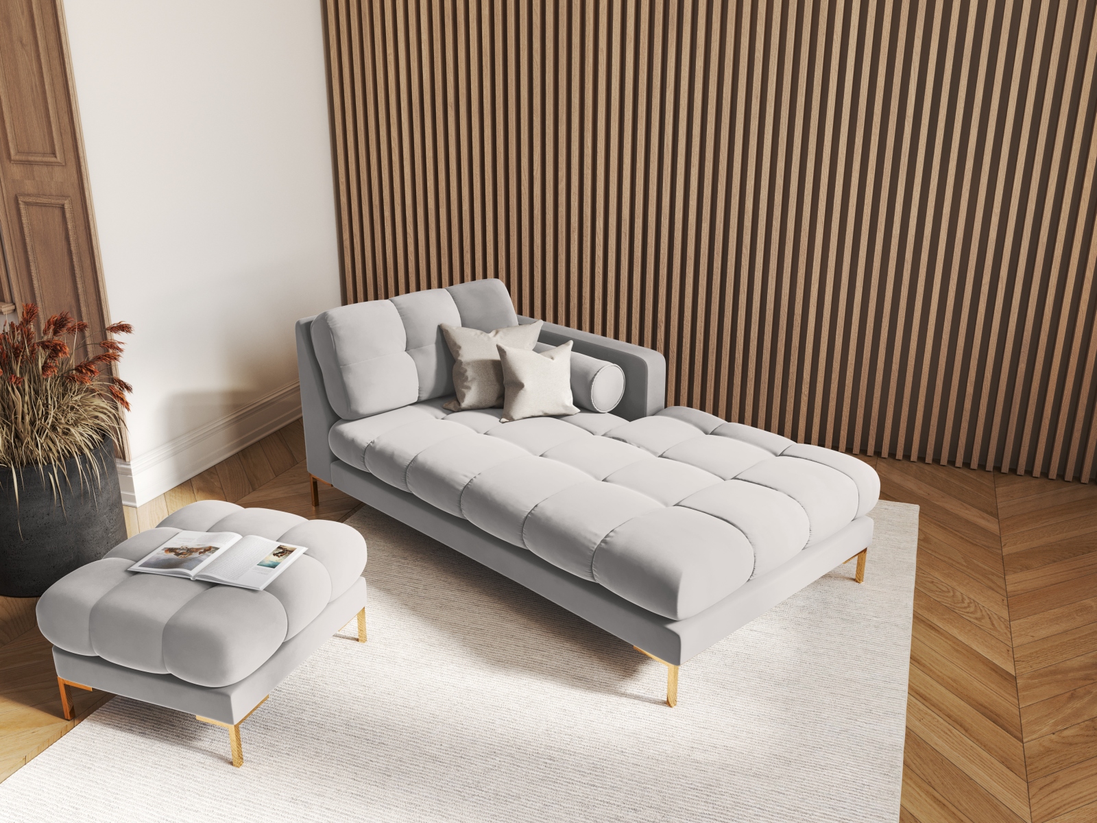 Cosmopolitan Design Chaiselongue Bali Samt Bluvel Silber Rechts Beine Gold