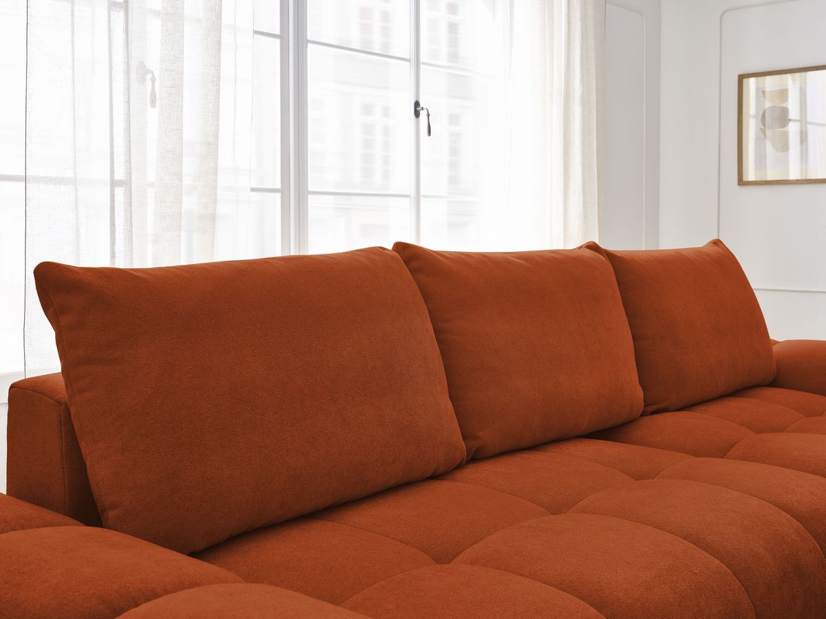 Bobochic Everest Ecksofa mit Schlaffunktion und Bettkasten und Pouf 318 × 180 cm, 3 Kissen Strukturstoff Orange Ecke rechts