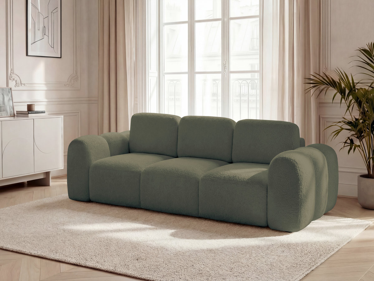 Bobochic Montaigne Schlafsofa 3-Sitzer mit Bettkasten Bouclé-Stoff Grün