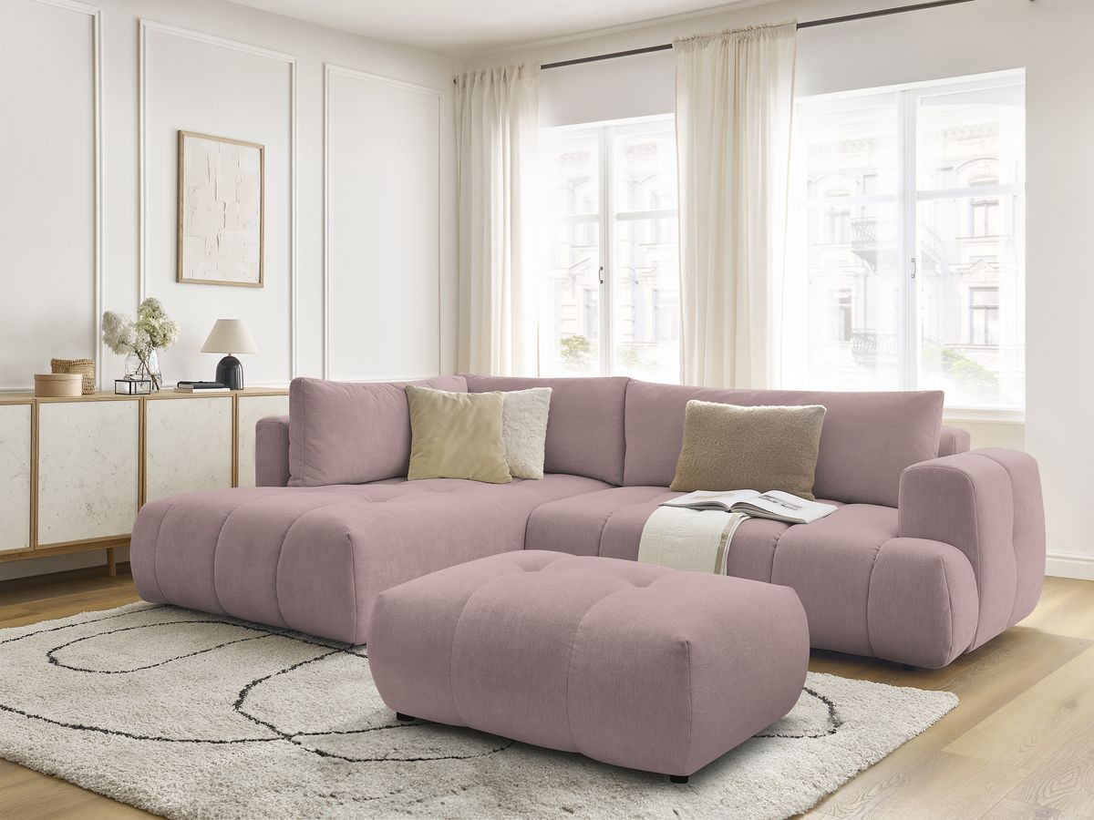 Bobochic Fuji Ecksofa mit Schlaffunktion und Bettkasten und Pouf 282 × 204 cm Stoff Rosa Ecke links