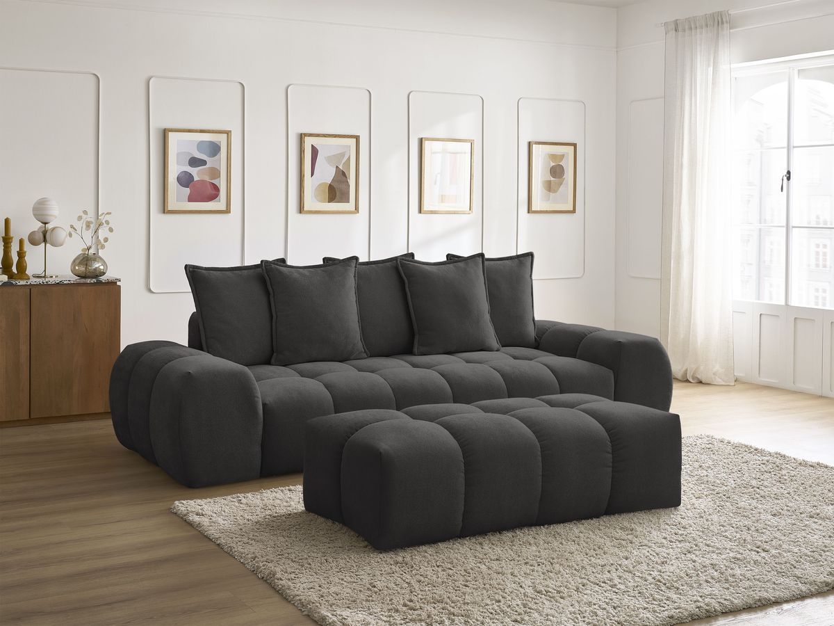 Bobochic Everest Schlafsofa 3-Sitzer mit Bettkasten und Pouf, 5 Kissen Strukturstoff Schwarz