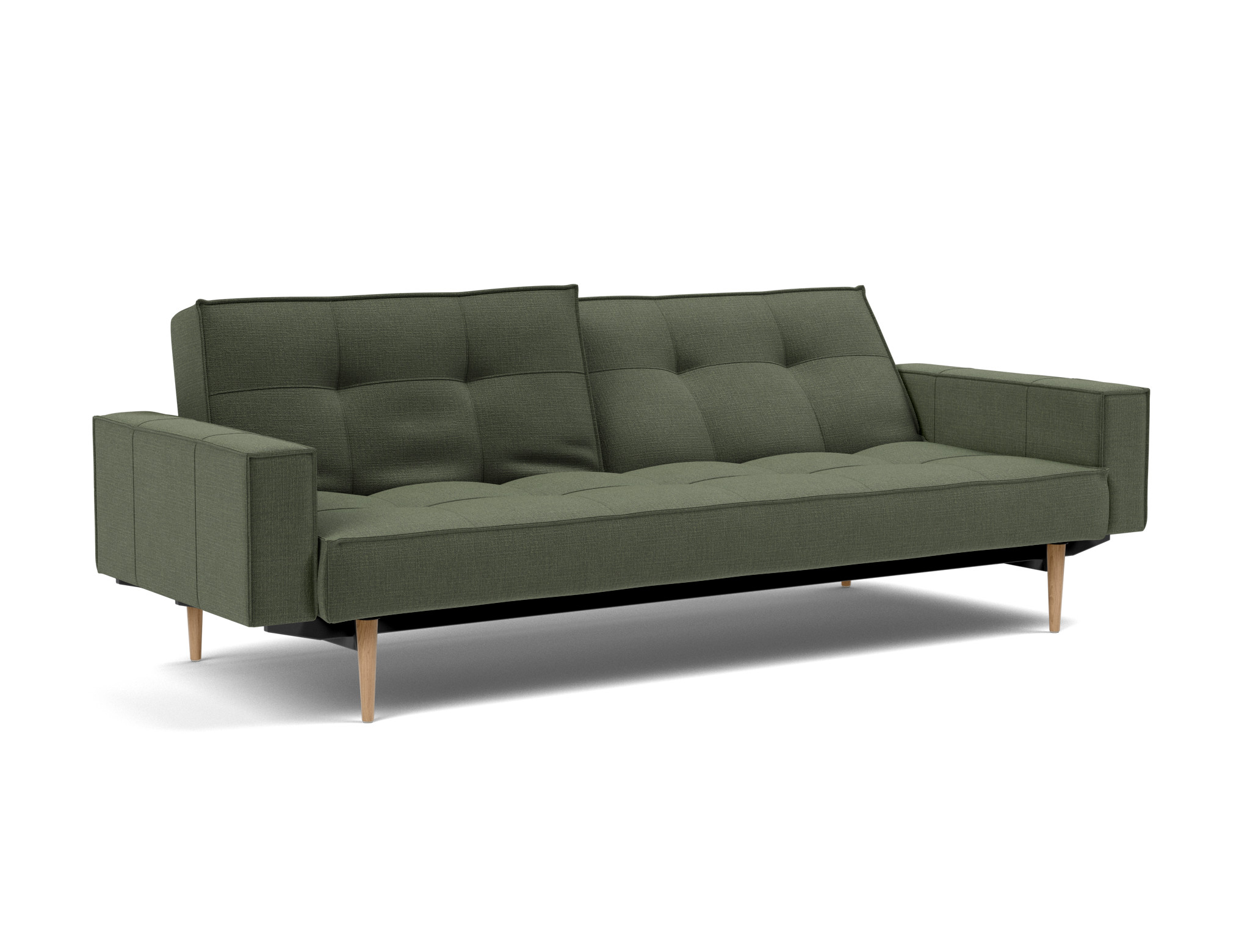 Schlafsofa Splitback mit Armlehnen Chenille Esina 413-Olive-Green Beine Styletto Eiche hell