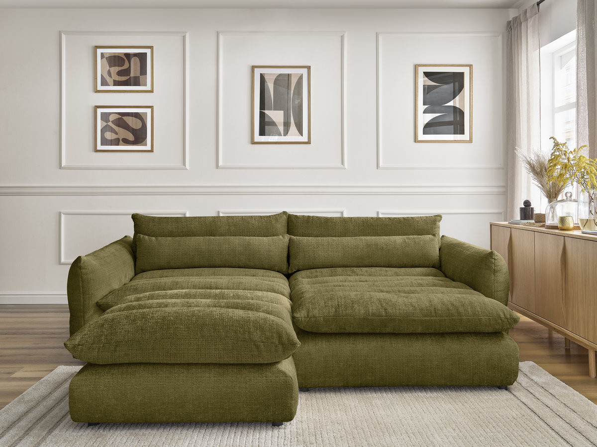 Bobochic Neil Ecksofa mit Pouf Strukturstoff Grün Ecke rechts
