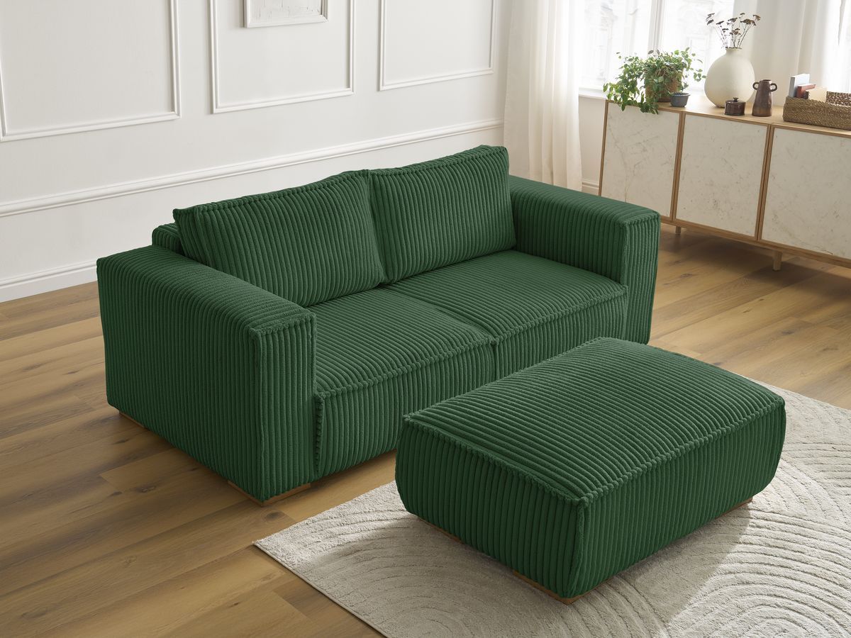 Bobochic Chelsea Sofa 3-Sitzer mit Pouf Breitcord weich Grün
