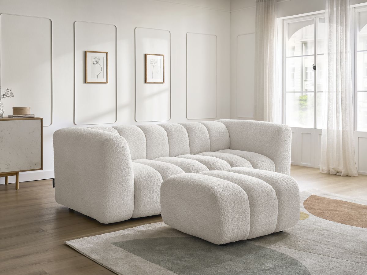 Bobochic Talia Sofa 3-Sitzer mit Pouf Bouclé-Stoff Weiß