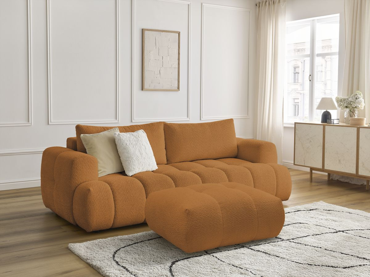 Bobochic Fuji Schlafsofa 3-Sitzer mit Bettkasten und Pouf Bouclé-Stoff Gelb