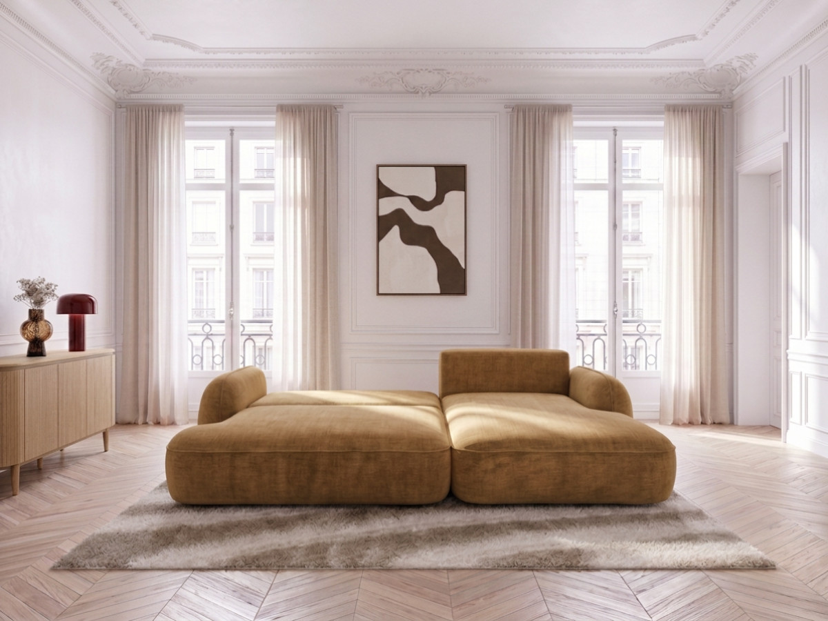 Bobochic Celeste Ecksofa mit Schlaffunktion und Bettkasten Stoff Gelb Ecke rechts