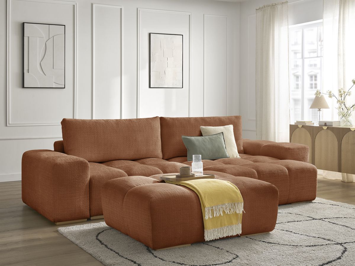 Bobochic Anakin Ecksofa mit Schlaffunktion und Bettkasten und Pouf, 2 Kissen Strukturstoff Orange