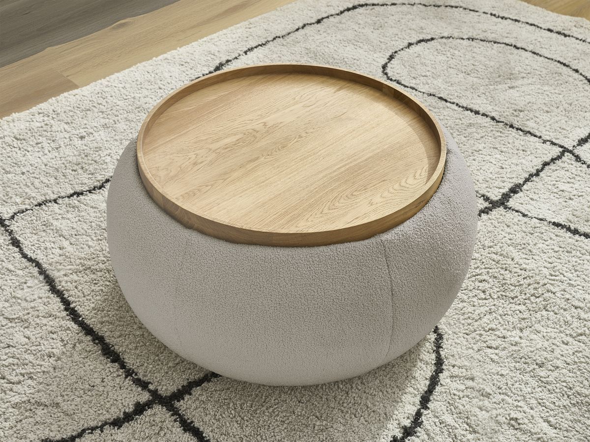 Bobochic Hayden Pouf mit Tablett, rund Bouclé-Stoff Taupe, 77 cm