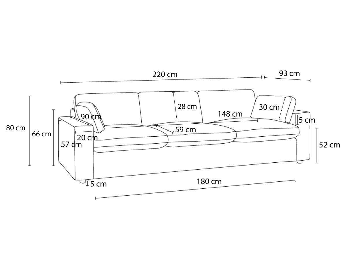 Bobochic Belair Sofa 3-Sitzer 220 × 93 cm Stoff Hellgrau