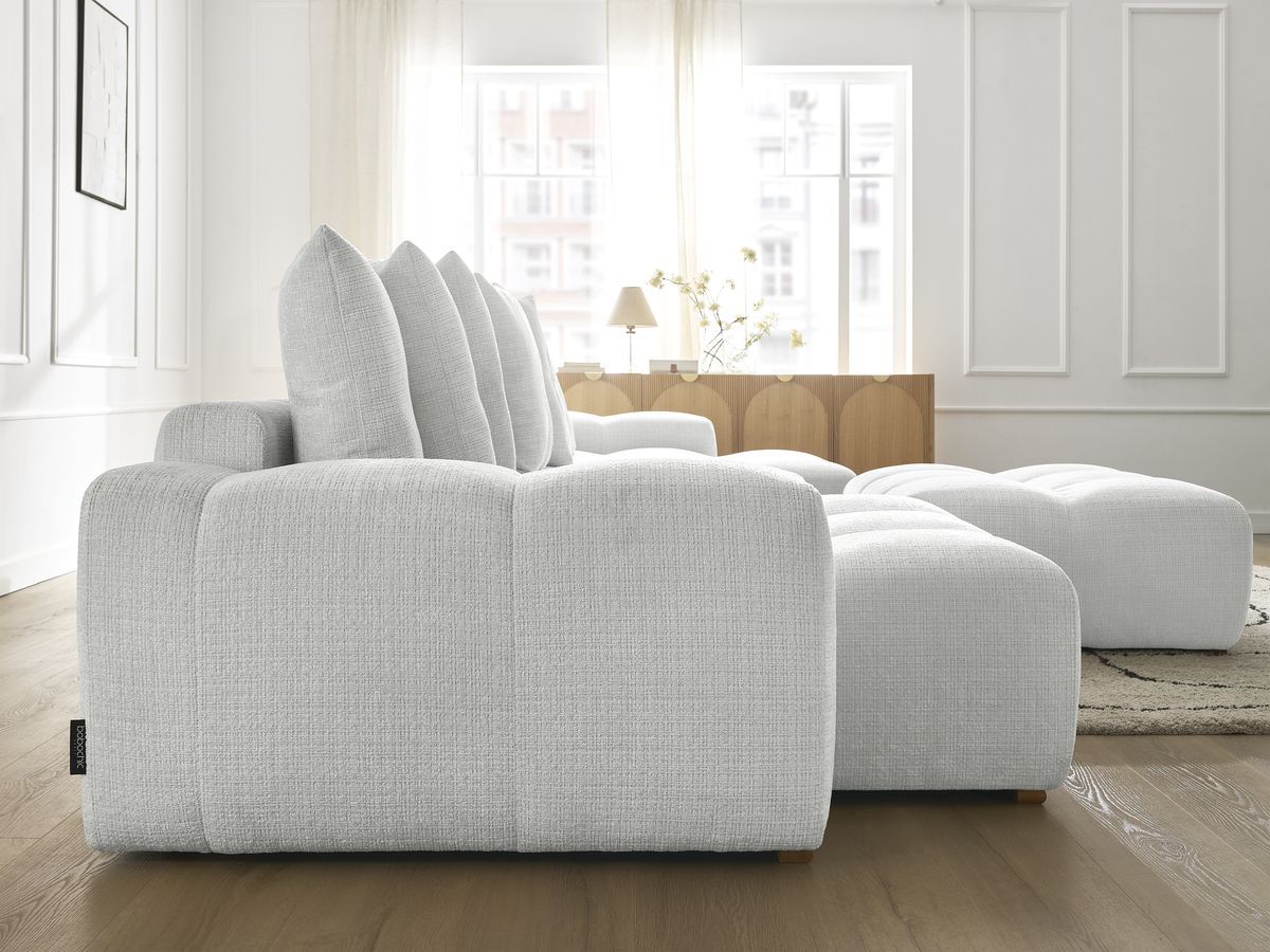 Bobochic Anakin Wohnlandschaft mit Pouf, Liegefläche 137 × 382 cm, 10 Kissen Strukturstoff Hellgrau