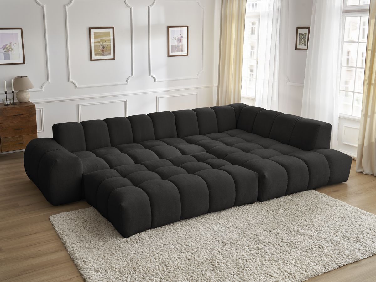 Bobochic Everest Ecksofa mit Schlaffunktion und Pouf, 10 Kissen Strukturstoff Schwarz Ecke rechts