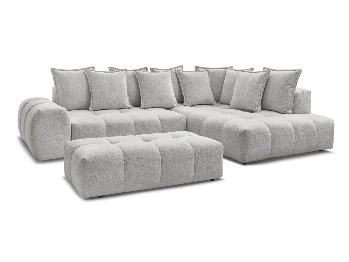 Bobochic Everest Ecksofa mit Schlaffunktion und Bettkasten und Pouf 320 × 212 cm, 10 Kissen Melange-Stoff Hellgrau Ecke rechts