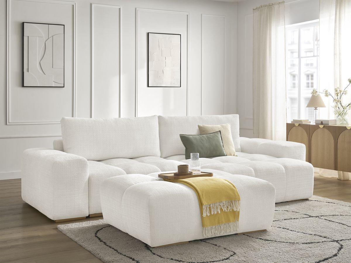 Bobochic Anakin Ecksofa mit Pouf, 2 Kissen Strukturstoff Weiß